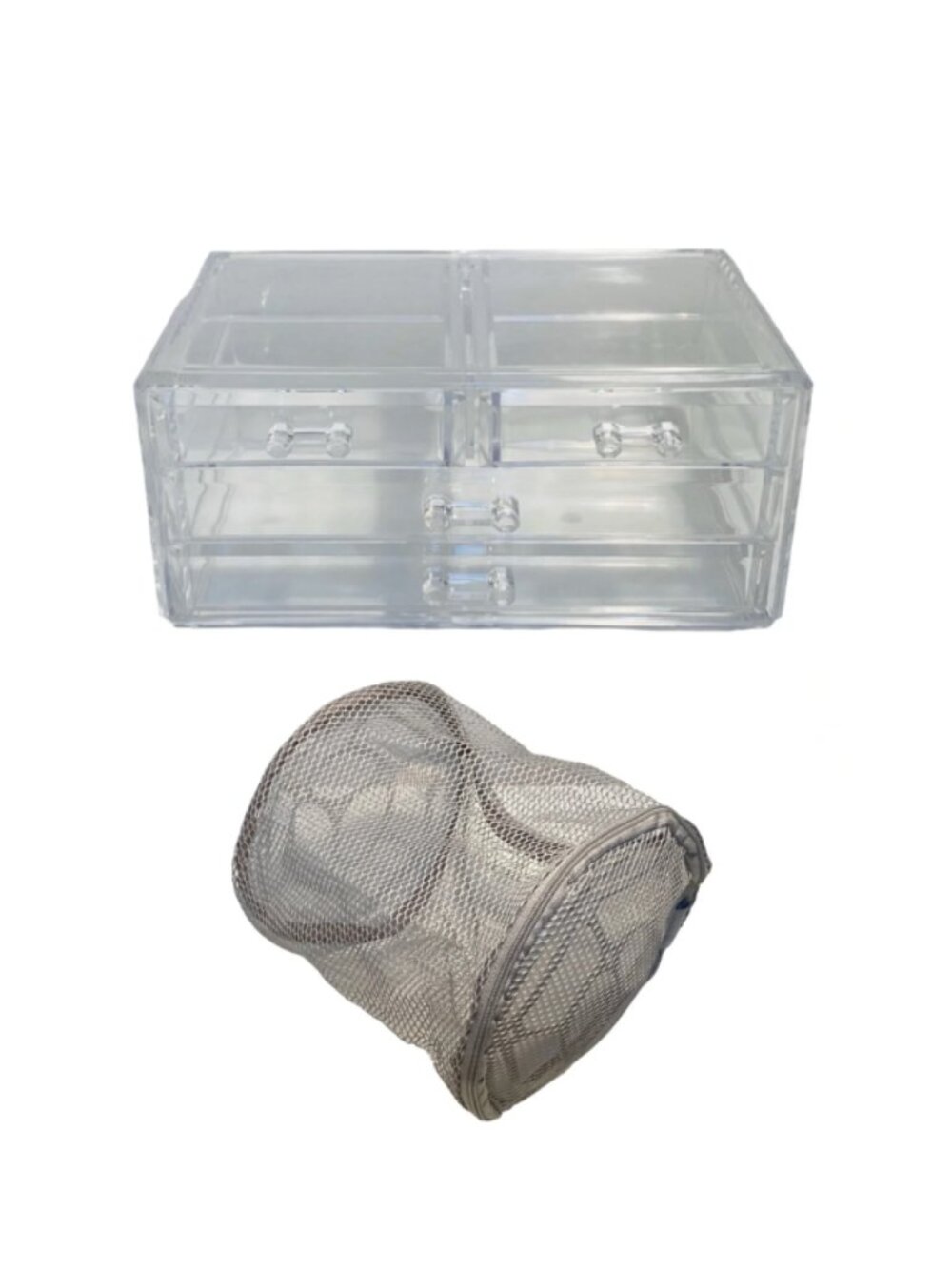 Clear Acrylic Cosmetic Makeup and Jewelry Organizer & Mesh Laundry Delicates Bag